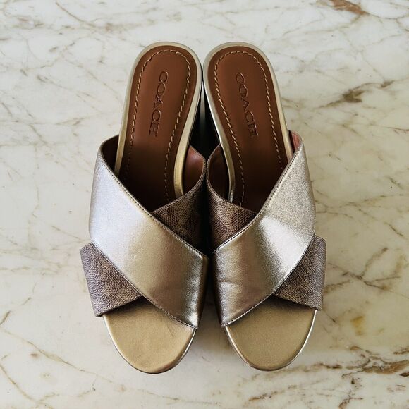 COACH Gold Brown Logo Wedge Heel Platform Slide Sandals - US 9.5 - Picture 2 of 8